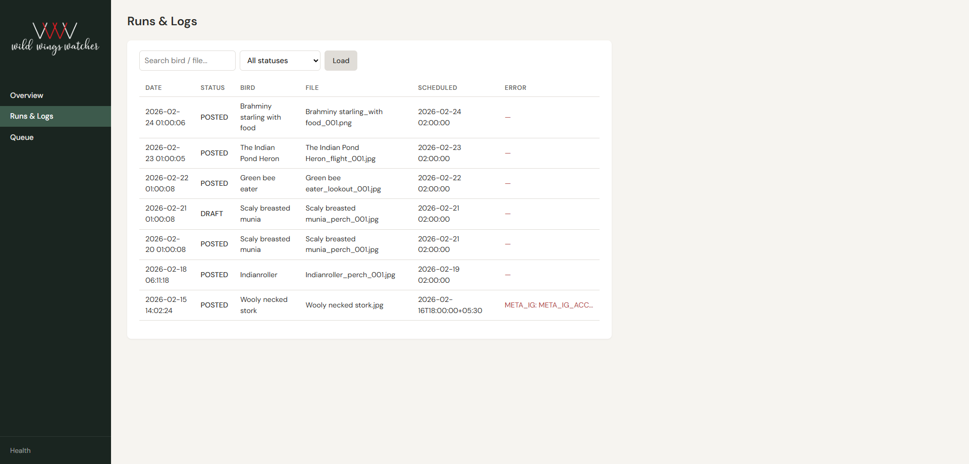 Wild Wings Watcher automation logs